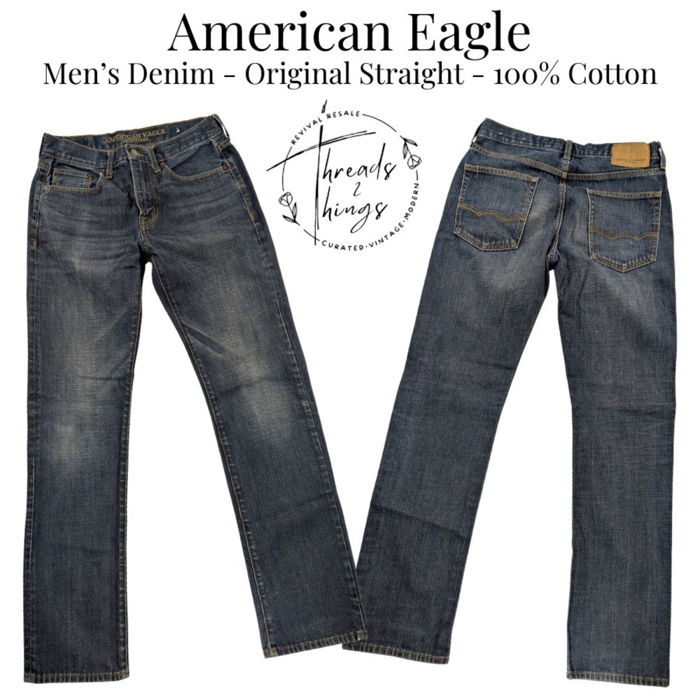 American Eagle Jeans Mens 30 x 34 Original Straight Medium Wash Blue 100% Cotton - Picture 1 of 12